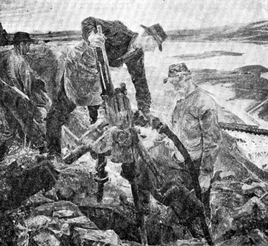 Minatori e una macchina perforatrice sulla montagna metallifera di Kirunavaara